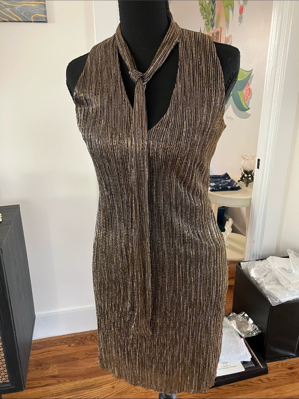 Iz Byer Shimmery Brown Sleeveless Tie-Neck Mini Dress